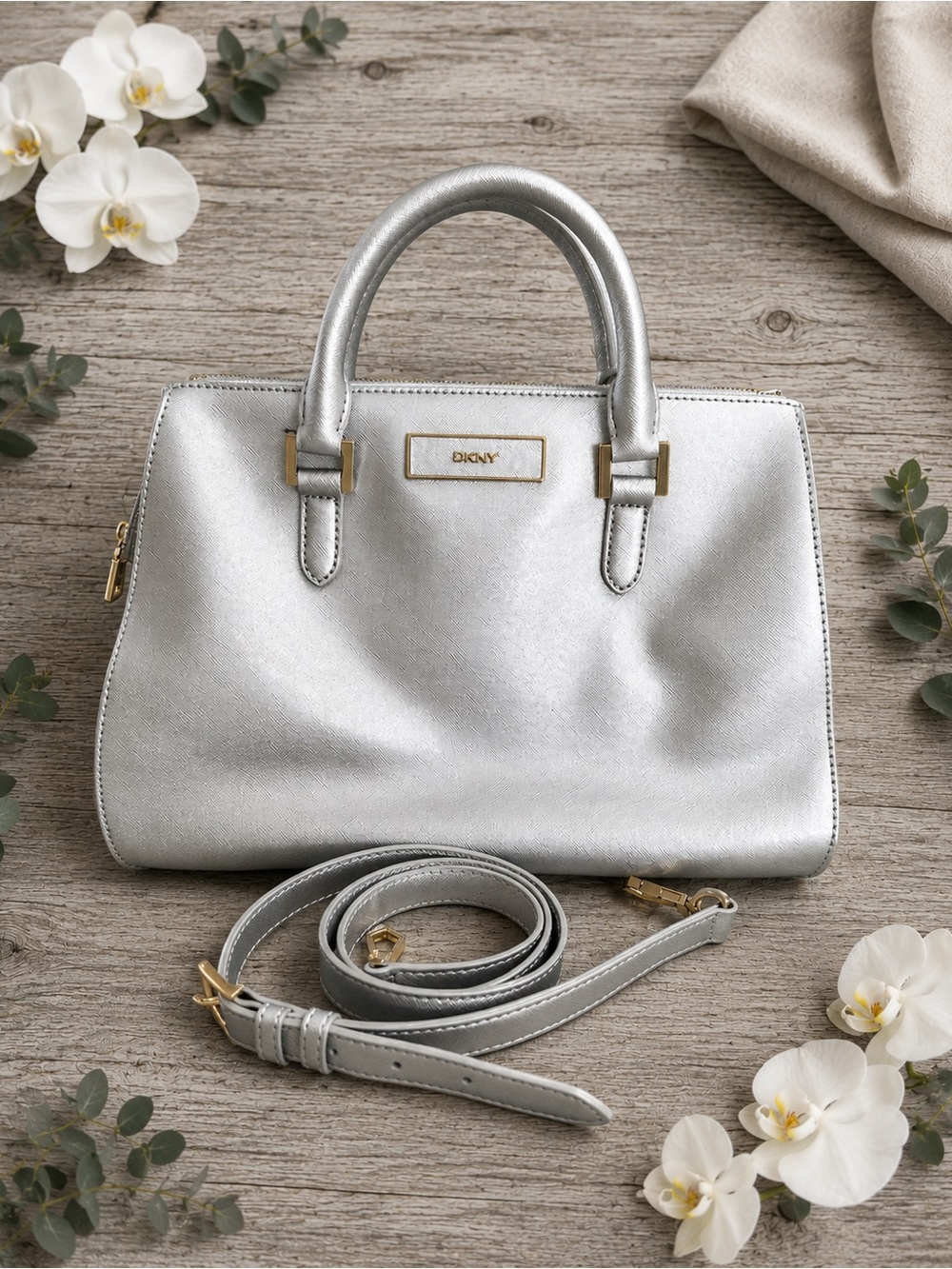 DKNY Metallic Silver Saffiano Satchel Crossbody Bag w/ Dust Bag